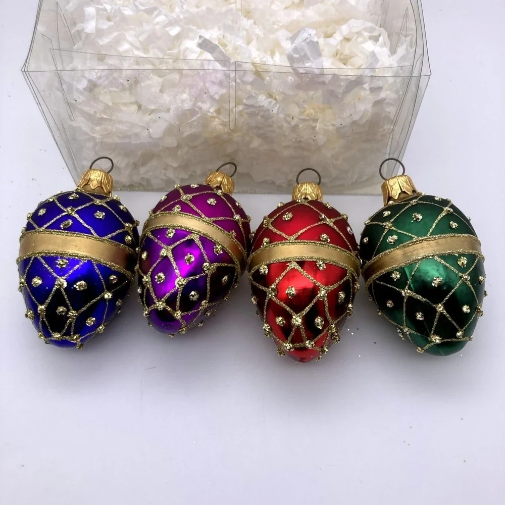 Vintage Set Of 4 Egg Shaped Hand Blown Glass Ornaments Made In Poland 2001